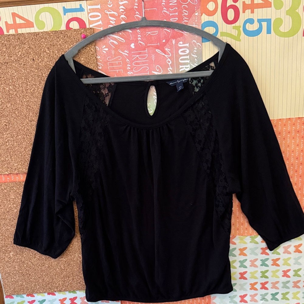 ⭐️American Eagle Chic Black Lace Accent Top Blouse Size M⭐️3/$25